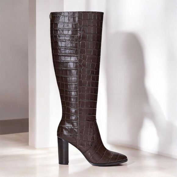 Lauren by Ralph Lauren “Ashlynn”Embossed Leather Chocolate Brown Boot Women Sz 7